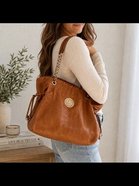 Michael Kors Cognac Leather Shoulder Bag with Gold Logo